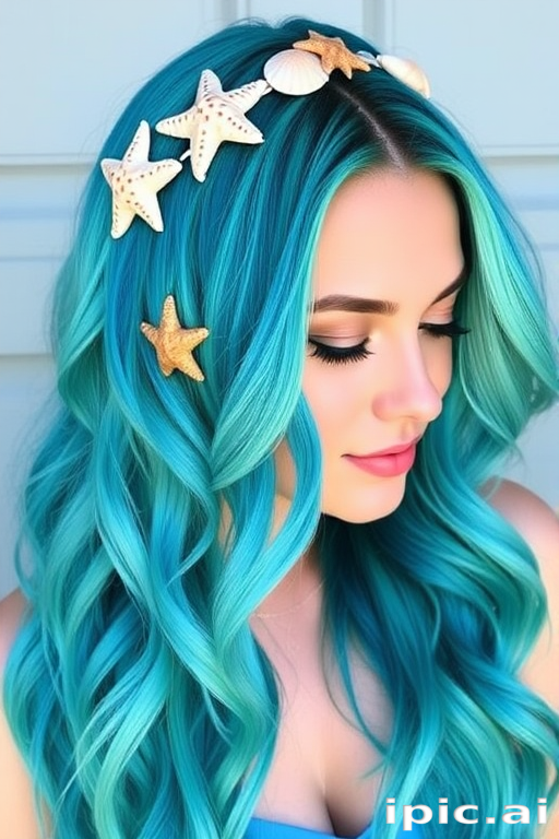 Vibrant teal and turquoise ombre hair styled in loose, beachy waves with seashell and starfish accessories, capturing the essence of a "Mermaid's Treasure" style