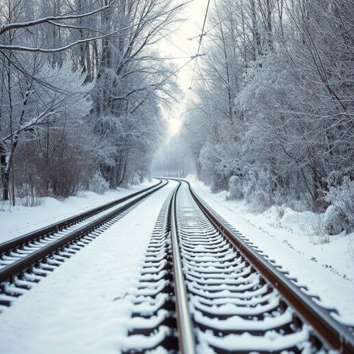 Capture a serene winter scene with snow-covered railway tracks surrounded by frosted trees, using a DSLR camera with a 50mm lens at f/4, ISO 100, 1/200 sec shutter speed, shot from a low angle perspective for depth, in natural light to emphasize the soft textures of the snow and the contrast of the bare branches.