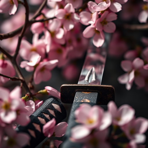 Close-up of a traditional katana sword nestled among cherry blossom branches, petals falling gracefully around it, shot with a Canon EOS R5, 85mm f/1.2 lens, ISO 100, 1/200 sec, in low light with a shallow depth of field, emphasizing the sword's details and the soft pink petals.