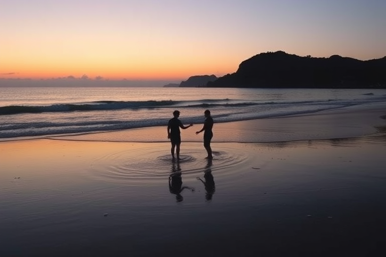Generate an image of a serene beach at dusk with two silhouetted figures in shallow water, camera settings: ISO 100, f/8, 1/60 sec, camera view: wide-angle, camera style: landscape photography, camera type: DSLR.