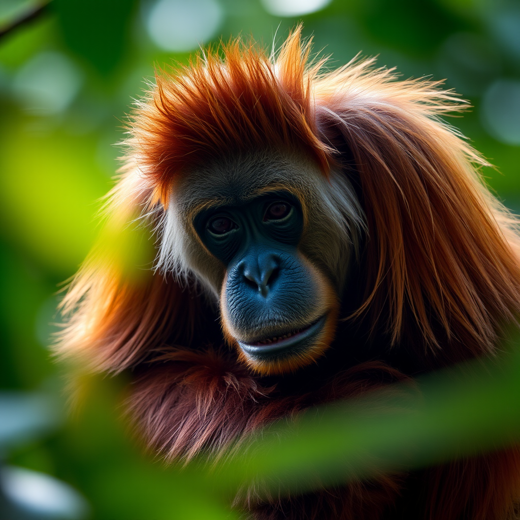 A close-up shot of an orangutan sitting on a branch in low light, with a shallow depth of field, ISO 800, f/2.8 aperture, 1/200 sec shutter speed, using a DSLR camera with a 50mm lens.