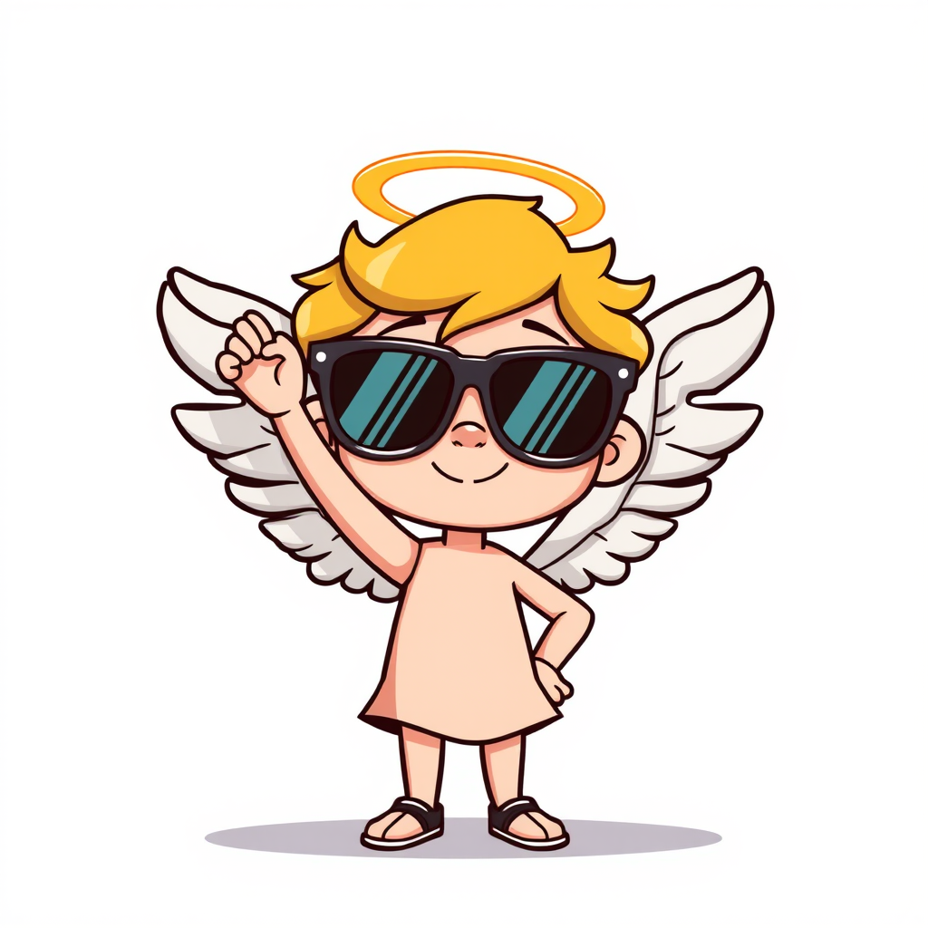 Create an image of a cartoon angel with sunglasses and a halo, standing confidently with one hand raised, using a high-resolution setting of 300 DPI, a close-up view to capture details, in a vector art style, shot with a digital camera.