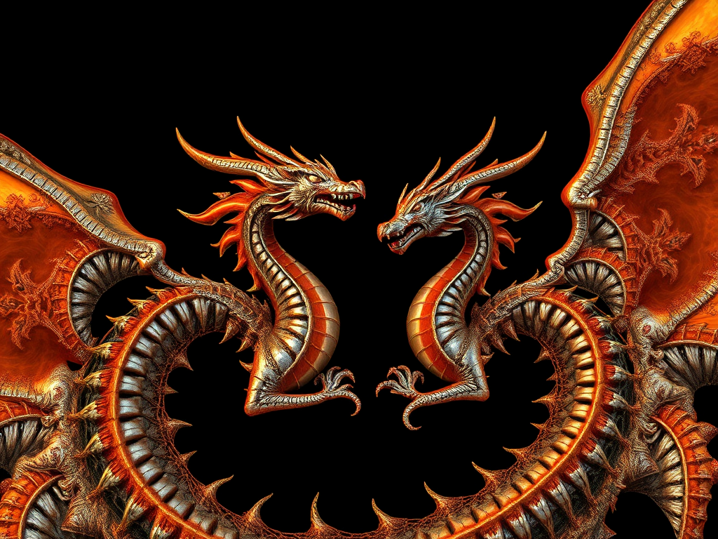 Create a high-resolution fractal artwork featuring two intricately designed dragon-like figures with fiery orange and metallic accents against a black background, captured with a DSLR camera using a 50mm lens at f/1.8, ISO 100, and a shutter speed of 1/125s, employing a macro photography style to emphasize detail and texture.