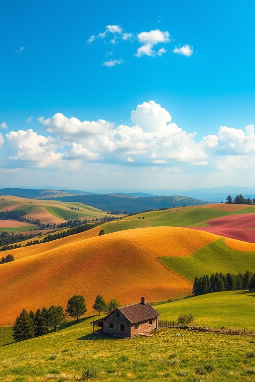 generate a vibrant landscape of rolling hills with a small cottage and trees in the foreground, bright blue sky with soft clouds, focus on sharp details and vivid colors, camera settings: f/8 aperture, ISO 100, shutter speed 1/250, camera view: wide-angle perspective, camera style: digital illustration, camera type: DSLR