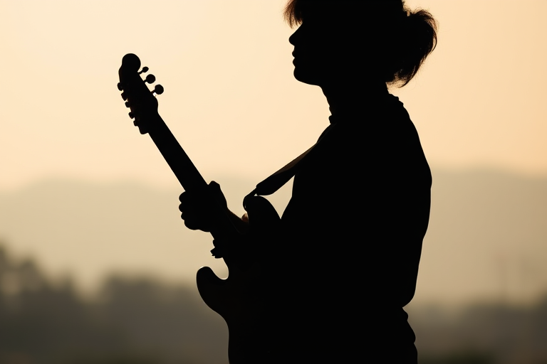Generate a high-resolution black silhouette of a person holding a guitar, with a soft-focus background, taken with a Canon EOS R5, 85mm lens, f/1.8 aperture, ISO 100, shutter speed 1/200s, natural lighting.