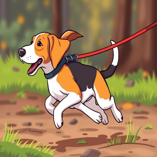 Create a colorful cartoon-style illustration of a beagle dog on a leash, captured in a dynamic running pose, use a digital camera with a 50mm lens, aperture f/2.8, ISO 100, and a shallow depth of field for enhanced clarity.