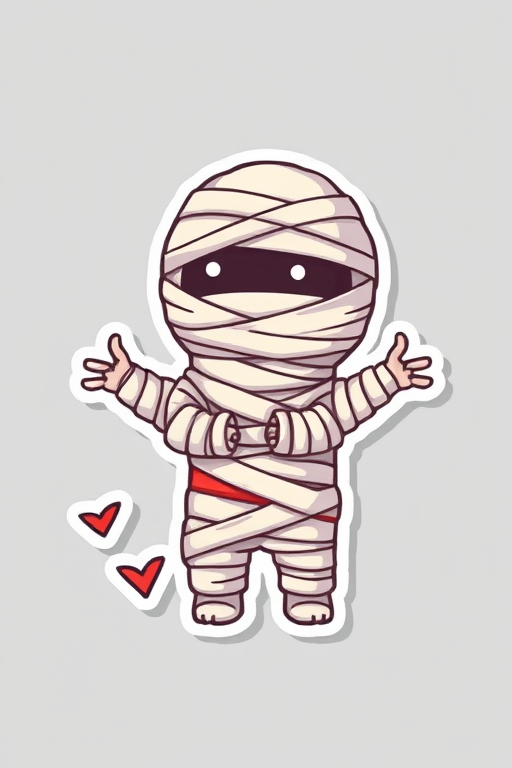 create a kawaii Mummy wrappings sticker, 3d digital art, grey background, sticker line weight