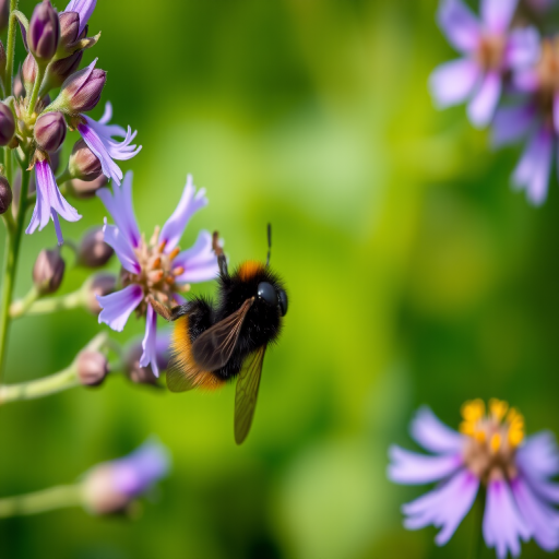 A close-up of a bumblebee hovering near vibrant purple flowers with a blurred green background, shot using a Canon EOS 5D Mark IV with a 100mm f/2.8 macro lens at f/2.8, 1/2000s shutter speed, ISO 200, and natural light for enhanced clarity and detail.