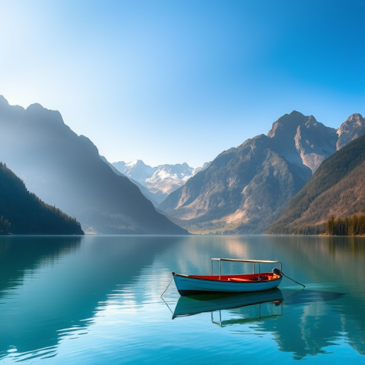 capture a serene lake scene with a boat in the foreground surrounded by majestic mountains under a clear sky using a DSLR camera with a 24mm lens, f/8 aperture, ISO 100, shutter speed 1/200s, in HDR photography style from a slightly elevated view
