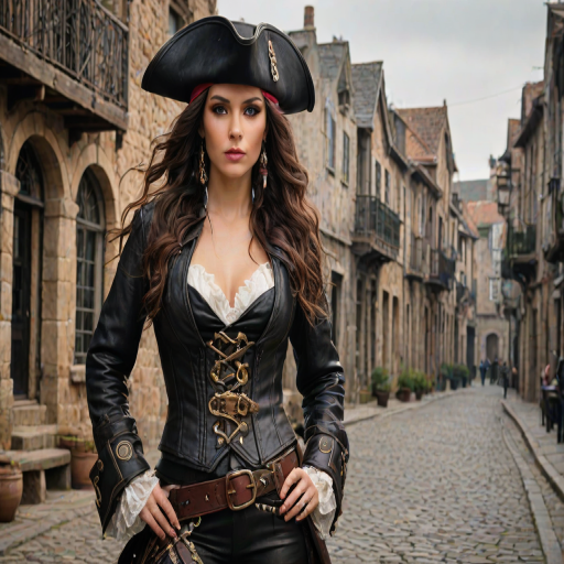 Create a portrait of a fierce female pirate. She wears a leather tricorn hat adorned with a skull and crossbones emblem, and her long, dark hair flows around her face. Her outfit consists of a richly detailed leather jacket, a corset, and multiple layers of belts and accessories, giving her a formidable and stylish appearance. She stands confidently in a dimly lit, historic port town, with a backdrop of weathered buildings and cobblestone streets, capturing the adventurous spirit of a pirate.