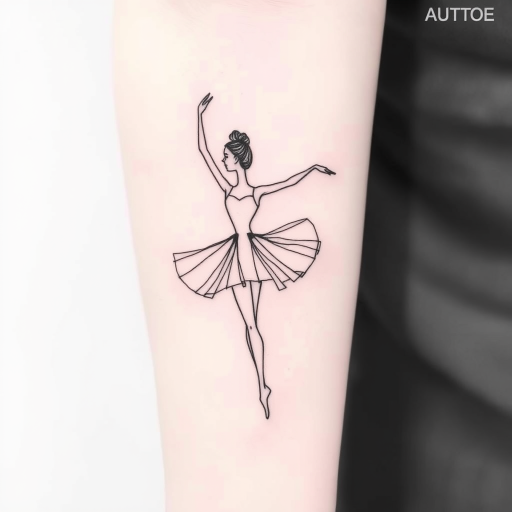 Minimalist line art tattoo "Whispered Silhouette" depicting a graceful ballerina in continuous single-line black ink, with subtle shading and negative space creating depth and movement