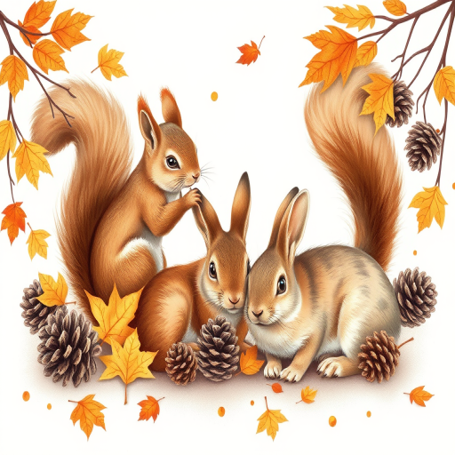 regenerate an illustration featuring playful squirrels and resting rabbits surrounded by autumn leaves and pinecones, with a soft pastel background, shot with a DSLR camera, 50mm lens, f/2.8 aperture, ISO 100, providing high-resolution clarity and vibrant color depth.