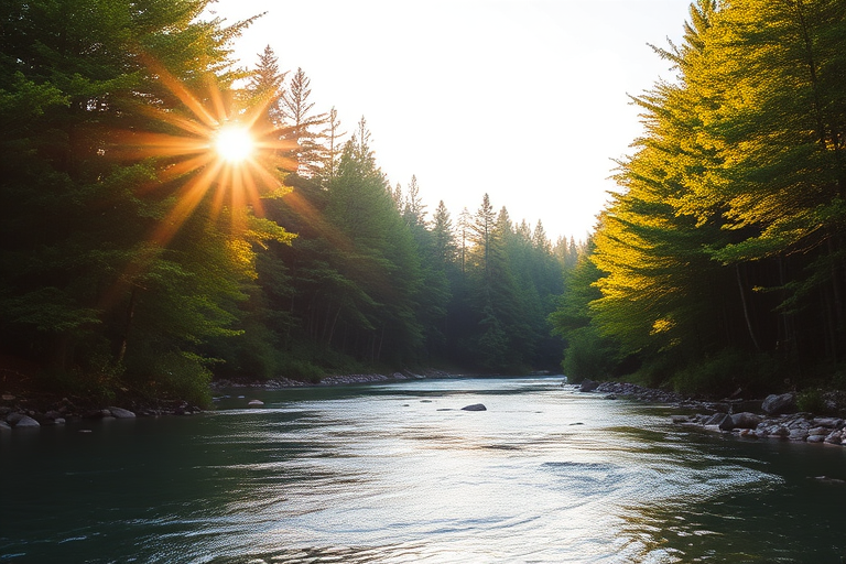 Create an image of a serene, sunlit forest scene with a clear, gently flowing river. Tall trees with lush green foliage line both sides of the river, their leaves bathed in the warm golden light of the setting or rising sun. The sunlight filters through the trees, casting soft, dappled light on the river, which flows over smooth rocks and pebbles, creating a peaceful, natural atmosphere. The sky is bright with a few scattered clouds, and the overall mood is tranquil, evoking a deep sense of connection with nature. The image captures the beauty of a calm, pristine forest landscape at either dawn or dusk.