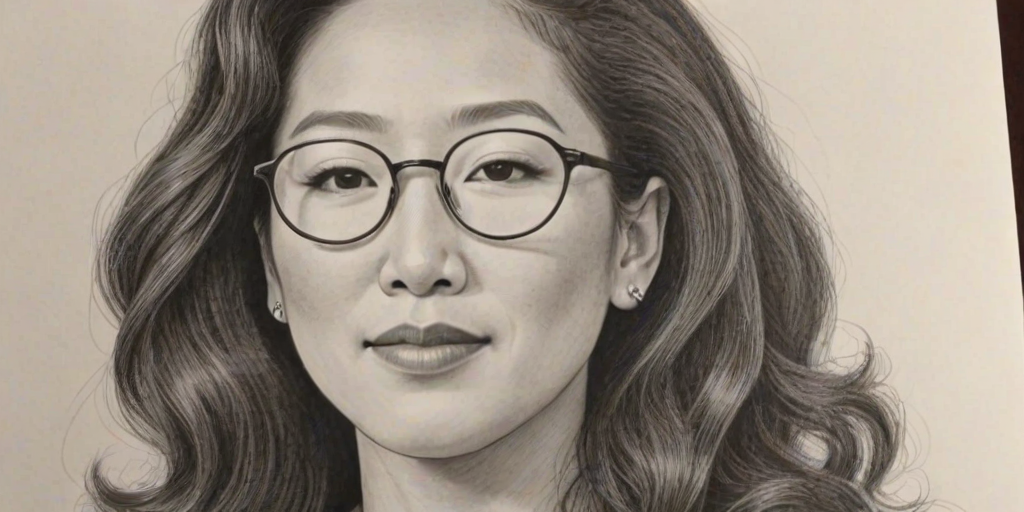 Stunning Sandra Oh, pencil sketch, portrait of Graceful woman 1946s in glasses, hair style beatnik, outline, clear lines, fine lines, 8k