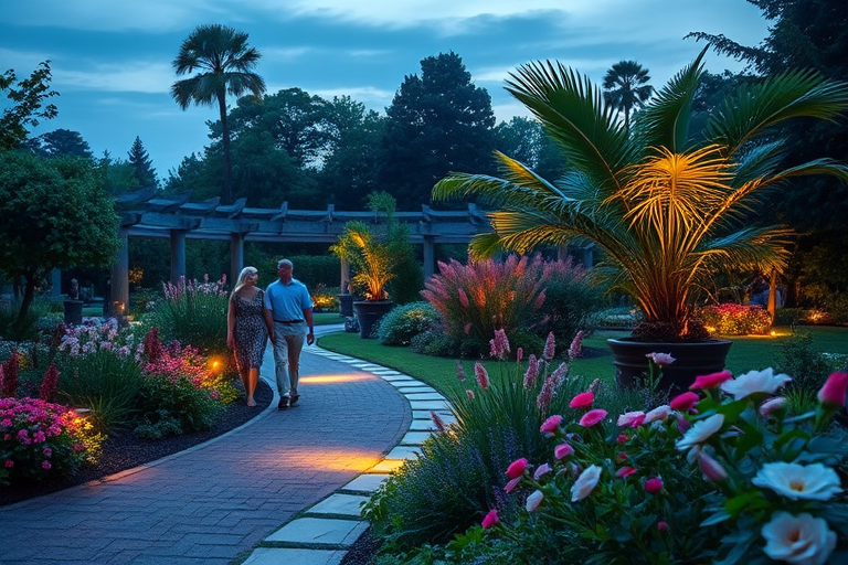 Tranquil evening scene in a botanical garden, with soft lighting illuminating pathways, a couple strolling hand in hand, and fragrant flowers creating a romantic atmosphere.