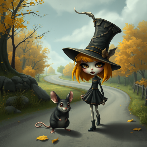 digital art fantasy depicting a strange girl with Yellow hair, long eyelashes, black lipstick and a tall hat walking along a winding road on an autumn afternoon, an Mouse smiles as she passes