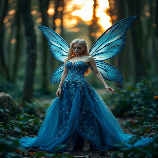 A serene fairy in a magical forest, wearing an intricate blue gown with shimmering details and large iridescent wings, soft ethereal lighting, depth of field focus, captured with a Canon EOS R5, 50mm lens, f/1.8 aperture, ISO 100, shot at sunset for warm tones.