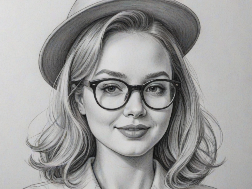 Bewitching Marshmello, pencil sketch, portrait of Beauteous woman 1952s in glasses, hair style beatnik, outline, clear lines, fine lines, 8k