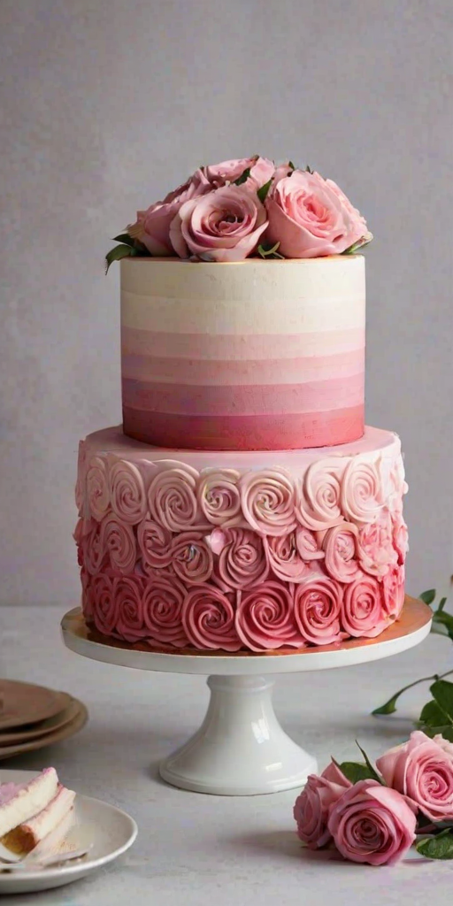 Create an image of a beautifully decorated cake with a gradient of pink hues. The cake should be covered in intricate floral designs made of frosting, transitioning from light pink at the top to a deep burgundy at the bottom. It should be displayed on a simple white cake stand against a neutral background.
