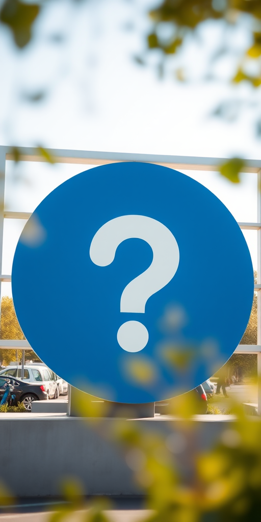 Create an image of a large blue circle with a prominent white question mark in the center, captured using a DSLR camera with a 50mm lens at f/1.8, ISO 200, in natural lighting, with a shallow depth of field to emphasize the symbol.