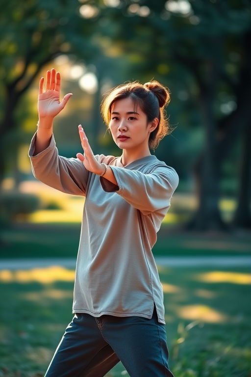 Warmly lit photo of a woman practicing tai chi in a peaceful park, wearing comfortable clothing, with soft sunlight illuminating her movements and gentle expressions of focus.