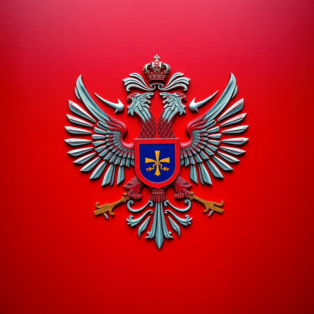 regenerate the image of the Russian coat of arms on a rich red background with a Canon EOS 5D Mark IV, 50mm f/1.8 lens, aperture f/2.8, ISO 100, 1/125s shutter speed, top-down view, high dynamic range style