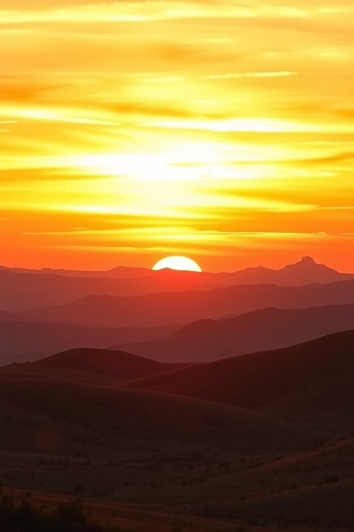 Generate a vibrant sunset landscape with rolling hills and sharp peaks under an orange and yellow sky, captured with a DSLR camera at f/8 aperture, ISO 200, 50mm lens, in landscape orientation, with soft focus for a dreamy effect.