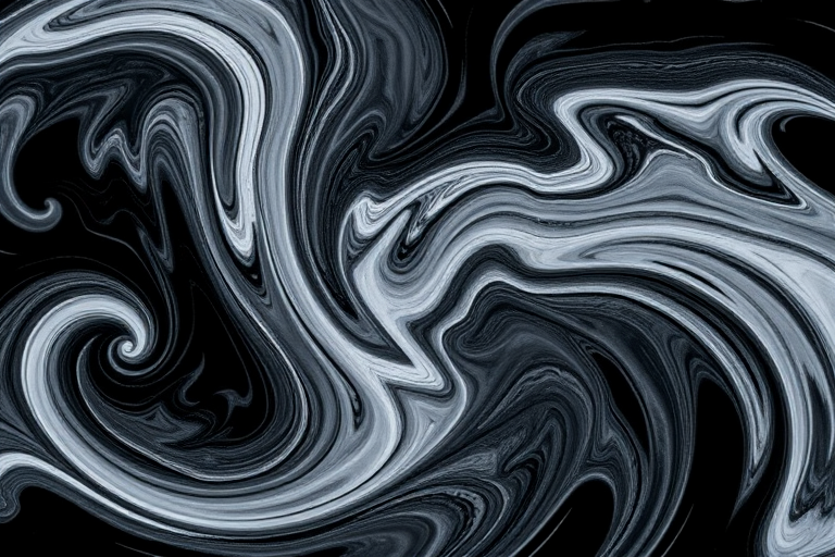 Create a high-resolution abstract image with swirling white and gray patterns on a black background using a Canon EOS R5, f/2.8 aperture, ISO 100, 1/250s shutter speed, shot from a close-up perspective with a shallow depth of field to enhance detail and texture.