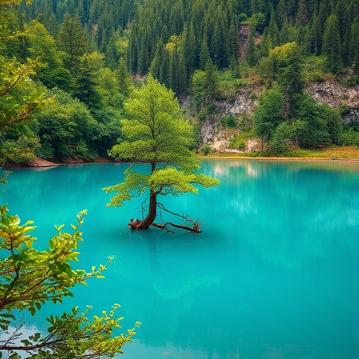 generate a serene landscape of a vibrant turquoise lake surrounded by lush green trees with a single tree growing out of the water, captured with a DSLR camera at f/8 aperture, ISO 200, 1/125 sec shutter speed, using a wide-angle lens from a low angle perspective to emphasize the reflection in the water and details in the foliage.