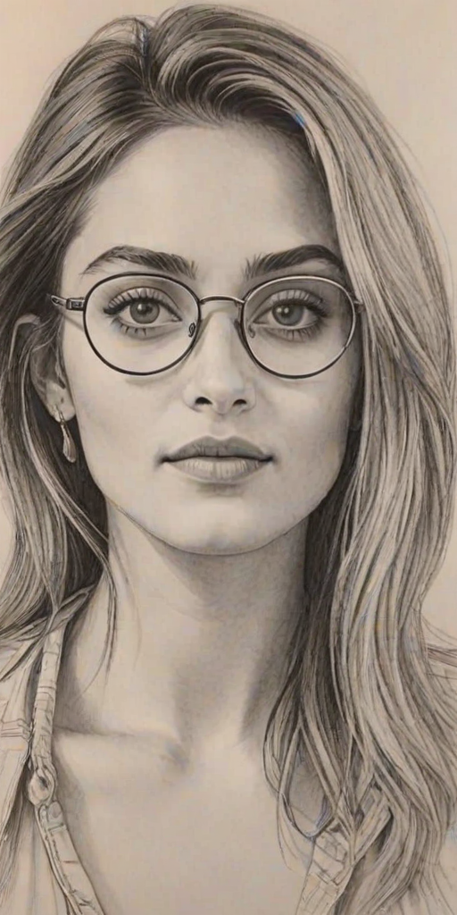 Graceful Paris Jackson, pencil sketch, portrait of Attractive woman 1974s in glasses, hair style beatnik, outline, clear lines, fine lines, 8k