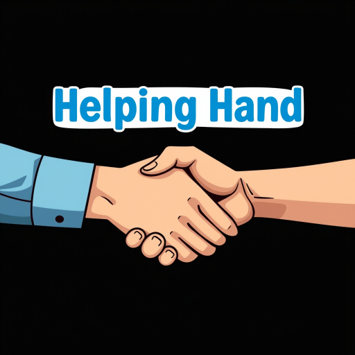 Create a digital illustration of two hands shaking, representing support and cooperation, with a dark background and bold blue text above saying "Helping Hand", using a DSLR camera with a 50mm lens, aperture f/2.8, ISO 100, shot in portrait view for enhanced detail.