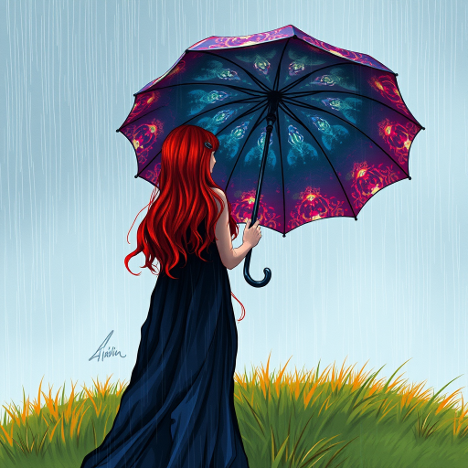 A surreal hand-drawn digital artwork depicting a mysterious red-haired woman standing on a grassy hill under the rain. She holds an umbrella crafted from iridescent zircon, its vibrant sheen contrasting with the soft, rainy atmosphere. The scene feels dreamlike, blending the natural elements of the hill and rain with the otherworldly shimmer of the umbrella.