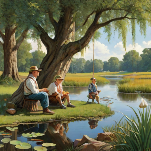 Imagine a small group of old fashioned young boys out fishing by the creek, a swing hanging from a tree branch, reeds and grasses by the water's edge, a frog sitting on a lily pad, dragonflies hovering over som water plans, a very iconic old fashioned scene reminiscent of a Norman Rockwell painting style