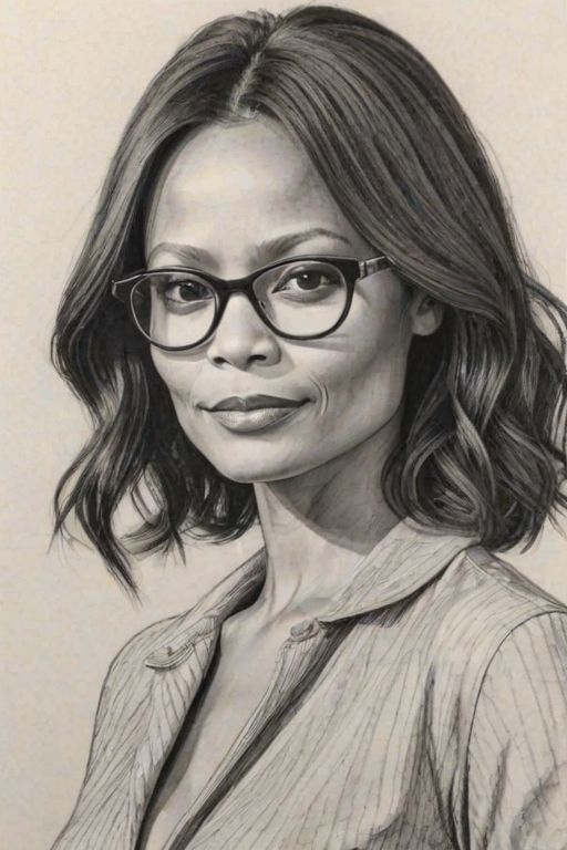 Fetching Thandie Newton, pencil sketch, portrait of Lovely woman 1951s in glasses, hair style beatnik, outline, clear lines, fine lines, 8k