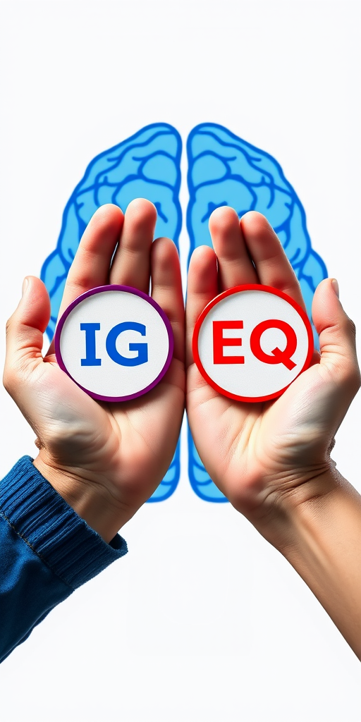 Create an image of two human hands holding circular symbols labeled "IQ" in blue and "EQ" in red, with a transparent outline of the human brain in blue on the left and red on the right, shot with a Canon EOS R5 at f/2.8, ISO 100, 24mm lens angle, using soft lighting to enhance details and clarity.