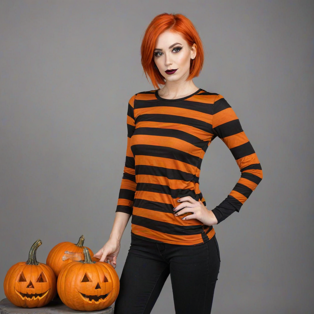 beautiful woman in orange and black Halloween colors, stripes. striking. pumpkin on shirt. I'm orange hair. full body. side shot holding pumpkin