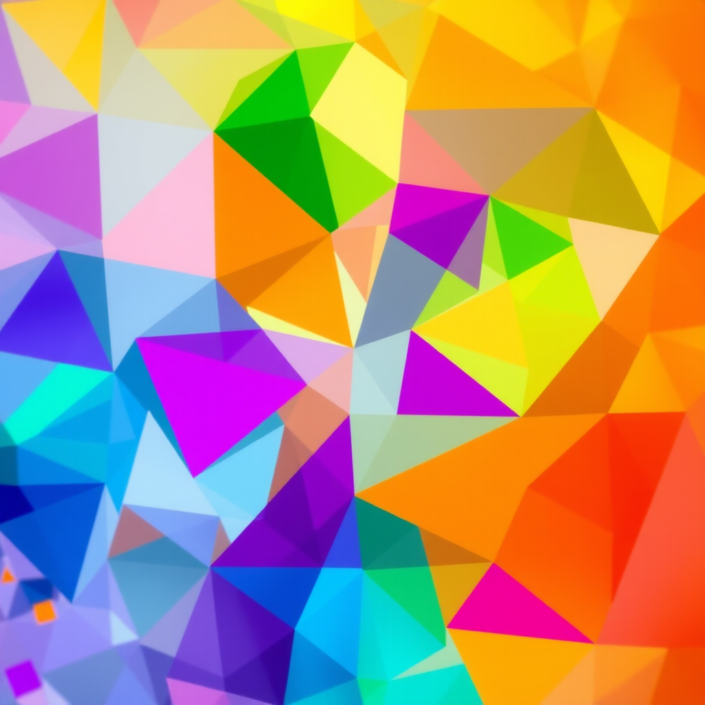 Create an abstract image filled with colorful geometric shapes in a vibrant pattern, captured with a Canon EOS 5D Mark IV, 50mm lens, f/2.8, ISO 100, at a 1/250s shutter speed, with a soft focus background for depth.
