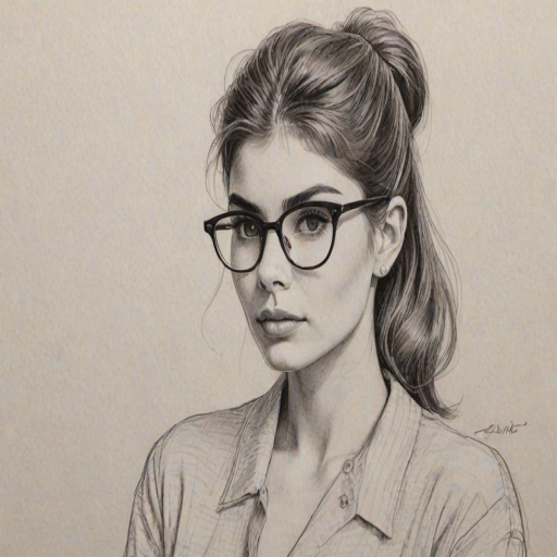Sublime Olivia Jade Giannulli, pencil sketch, portrait of Pleasing woman 1957s in glasses, hair style beatnik, outline, clear lines, fine lines, 8k