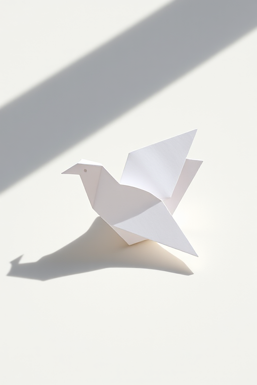 Create a high-resolution image of a minimalist origami figure resembling a bird, captured in natural lighting using a Canon EOS 5D Mark IV with a 50mm f/1.8 lens, aperture set to f/4, ISO 100, and a slight top-down angle for emphasis.