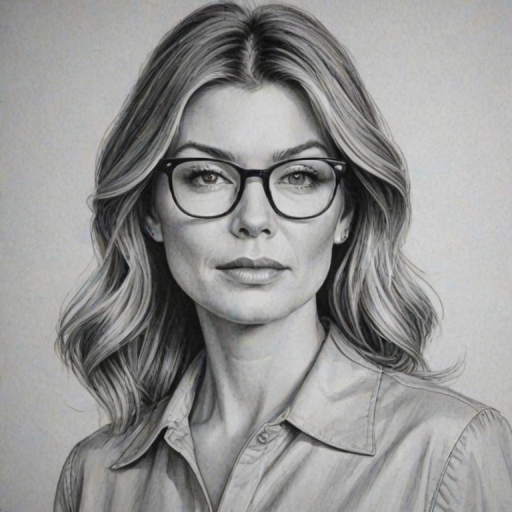Appealing Ellen Pompeo, pencil sketch, portrait of Fascinating woman 1966s in glasses, hair style beatnik, outline, clear lines, fine lines, 8k