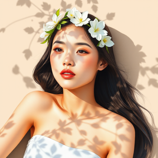 create a watercolor painting of an ethereal portrait of beautiful Malay woman with a simple white flower crown on her head. Her hair is long and she is lying on the ground. The sunlight on the trees casts shadows from the leaves on her face and body. The background is a neutral brown color that matches her skin tone. The image is minimalist and solid colors. This style is characterized by soft, delicate brushstrokes and a light, airy, contrasting color palette. High level of detail and play of light