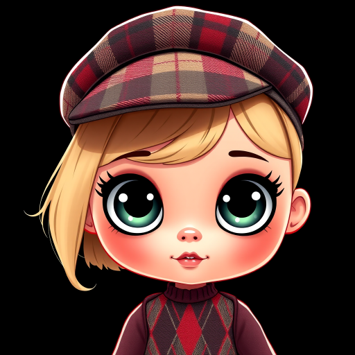 Create a high-resolution illustration of a cartoon doll character with large glossy eyes, wearing a vintage plaid cap and a diamond-patterned outfit, set against a solid black background, captured with a DSLR camera at f/2.8 aperture, ISO 100, and 50mm lens for sharp detail and vibrant color saturation.