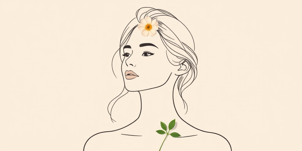 create a minimalist portrait of a woman with an outline style on a soft beige background, featuring a single flower in her hair and a small green leaf below, captured with a Canon EOS R5, 50mm lens, f/1.8 aperture, soft natural lighting for a delicate and refined look