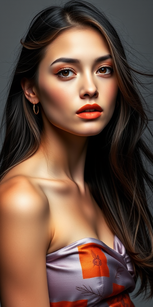 Photographic image of a beautiful young Kazakh woman, brown eyes, lips with Yellow lipstick, long hair fluttering in the wind and wearing a silk strapless dress with a soft purple and orange print. monochrome image with only color highlights in the iris of the eyes, lipstick and dress. Gray background.