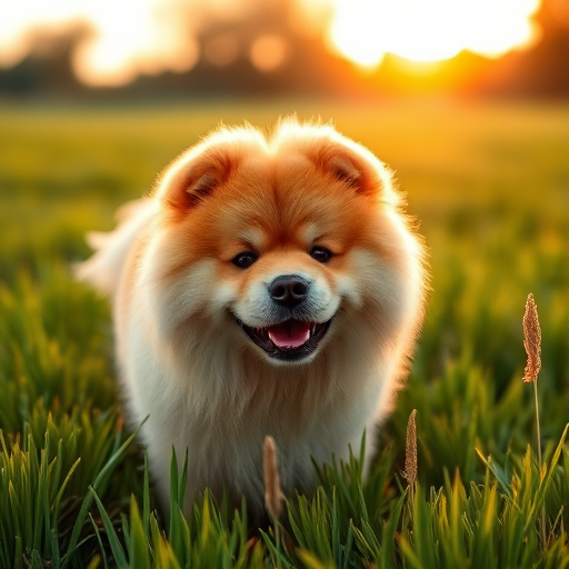 Candid portrait of a fluffy Chow Chow dog in a lush green field during golden hour, shallow depth of field, f/2.8 aperture, ISO 200, 50mm lens, soft natural lighting, DSLR camera.