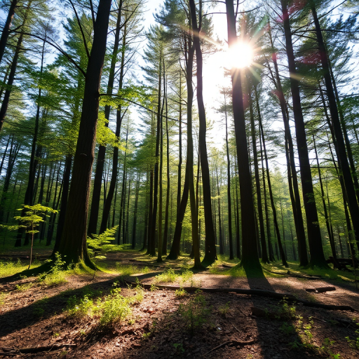 Create a high-resolution image of a tranquil forest scene with sunlight filtering through the trees, use a 50mm lens at f/1.8, ISO 100, shutter speed 1/200s, captured from a low angle view using a DSLR camera with a natural color palette and enhanced detail.