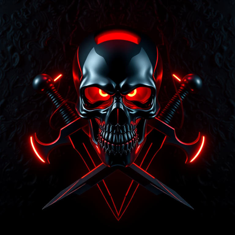 Create a dark-themed image of a metallic skull with glowing red eyes, crossed swords with neon accents, set against a textured black background, using a Canon EOS R5 camera with an 85mm f/1.2 lens at ISO 100, aperture f/2.8, shutter speed 1/125s, in a dramatic high-contrast lighting setup.