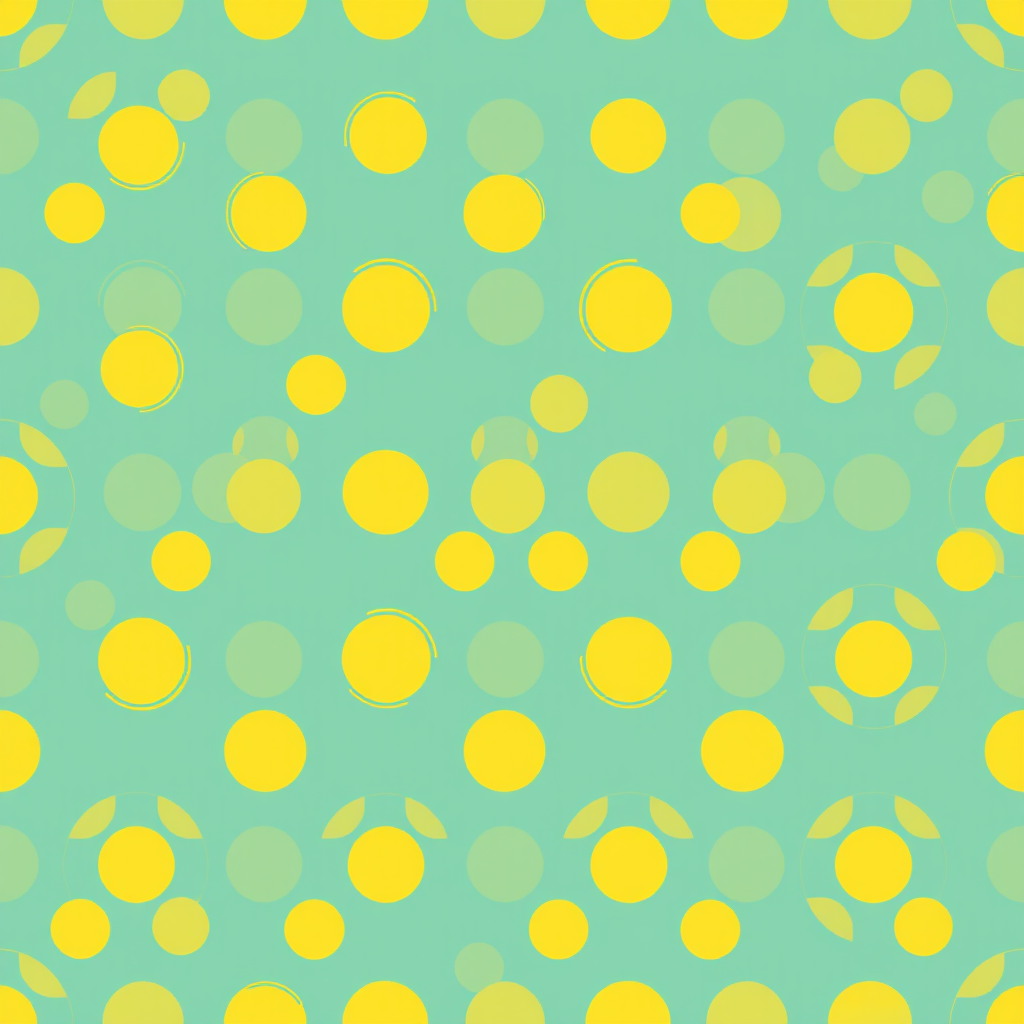 Create a seamless pattern of alternating yellow circles on a teal background, with high resolution, shot with a DSLR camera at f/8 aperture, ISO 200, 50mm lens, top-down view, and using a shallow depth of field for enhanced color contrast.