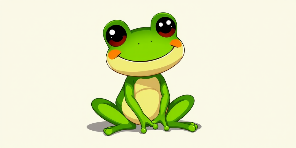 Create a cute cartoon frog character sitting down with a big smile, vibrant green colors, clear background, shot with a DSLR camera, f/4 aperture, 50mm lens, 1/200 sec shutter speed, soft natural lighting for enhanced image quality.