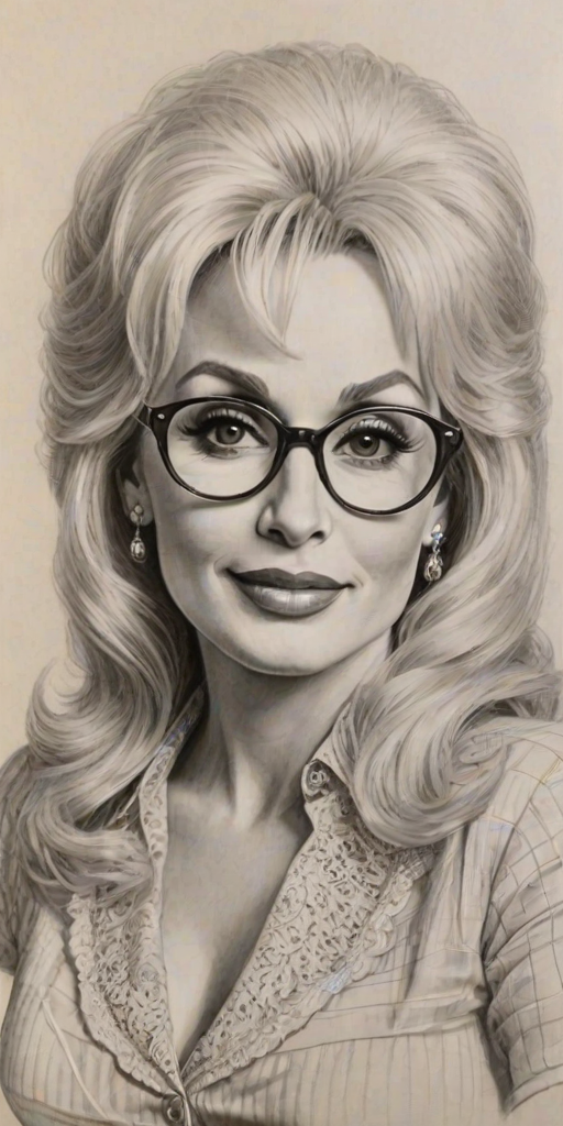 Enchanting Dolly Parton, pencil sketch, portrait of Radiant woman 1956s in glasses, hair style beatnik, outline, clear lines, fine lines, 8k